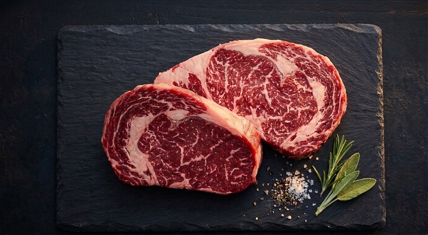 Two marbled ribeye steaks on a slate board, with rosemary, sage and coarse seasoning